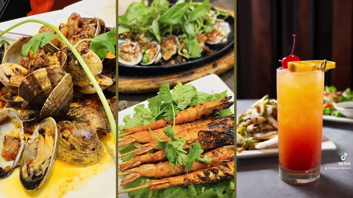 Seafood dishes on a casual dining table.